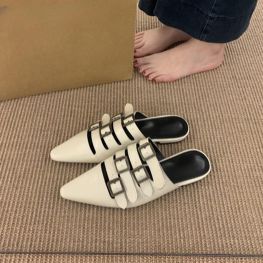 Fashion 2025 Women's Fashion Baotou Slippers Summer New Pointed Hollow Metal Buckle Soft Sole Anti-slip Wear-resistant Flat Sandals