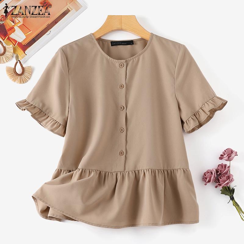 

ZANZEA Женская повседневная свободная летняя блузка с коротким рукавом и круглым вырезом