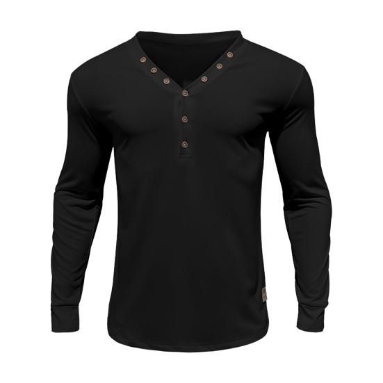 Yousheng Men Spring Autumn Top Button Decor V Neck Long Sleeves Solid Color Pullover T-shirt Stretchy Slim Fit Fitness Sport Top