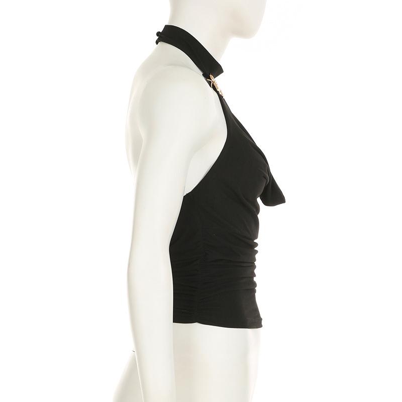 Women's Metal Flower Halter Neck Sexy Halter Top Temperament Low Waist Fold High Split Skirt Two Piece Suit