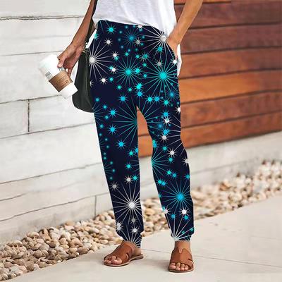 Women Abstract Printing Pants Lace Up Elastic Waist Loose  Trousers Casual Long Pants Trousers with Pockets