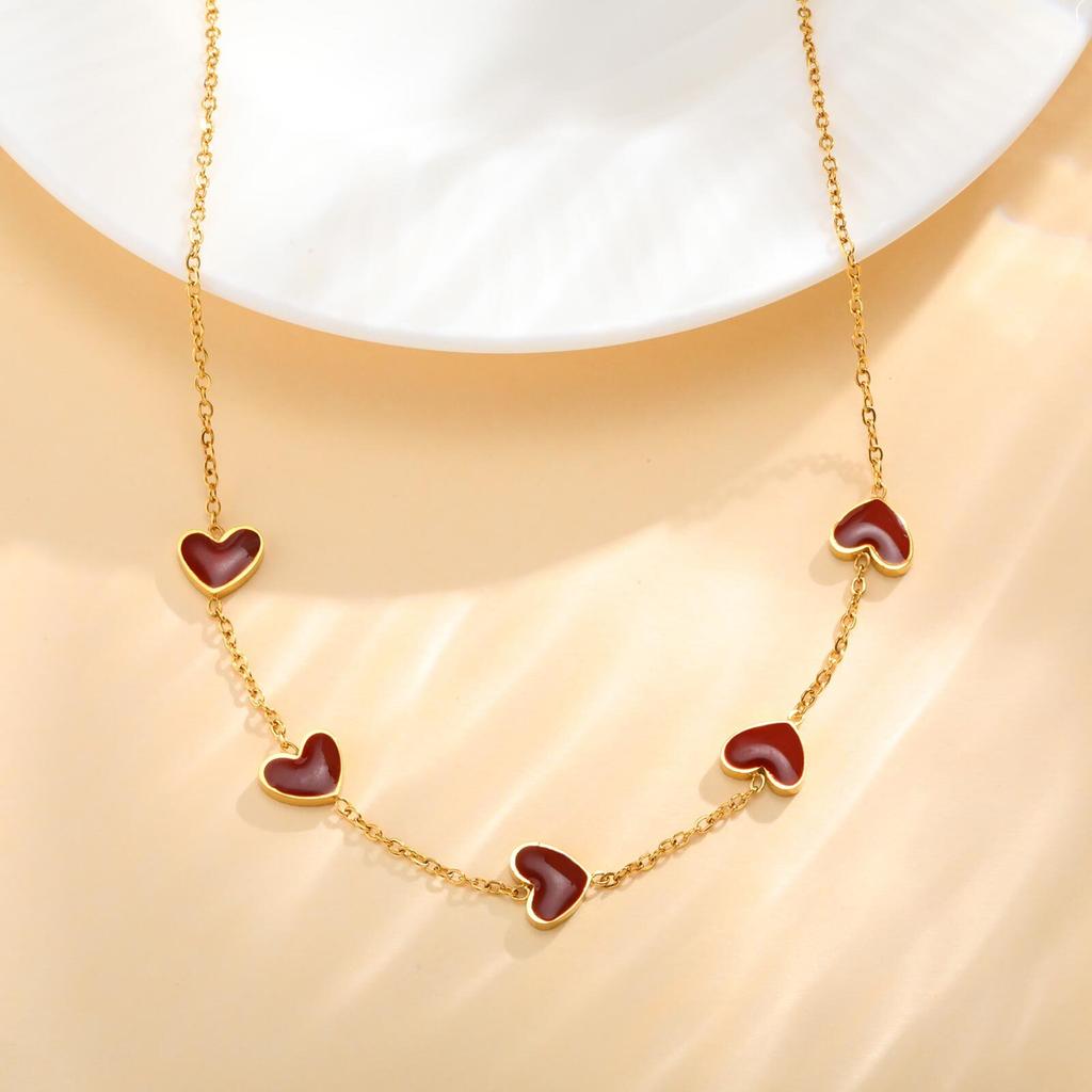 Xiaomi Vnox Red Enamel Love Necklace For Women Cute Five Small Heart Stainless Steel Chain Necklaces Light Luxury Gold Plated Jewelry