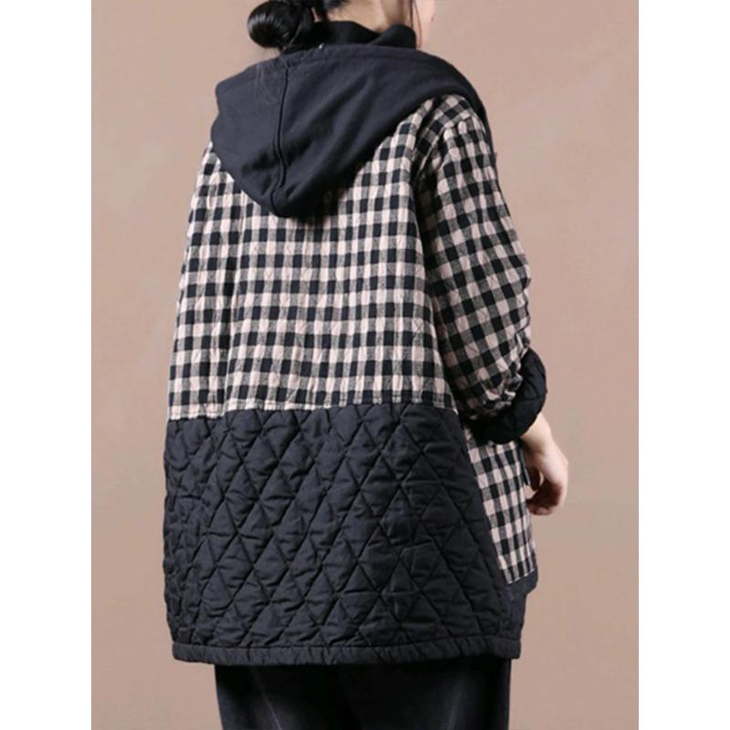 2024 Winter Fashion Padded Coats Chinese Womens Loose Hooded Warm Plaid Jackets Ladies Casual Vintage Luxury Outerwear