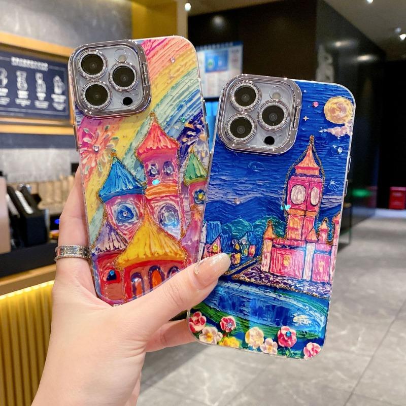 Applicable To IPhone 16 Blu ray Castle Mobile Case Oil Painting Apple 15 with Bracket 14proMax Anti Fall Protection Case