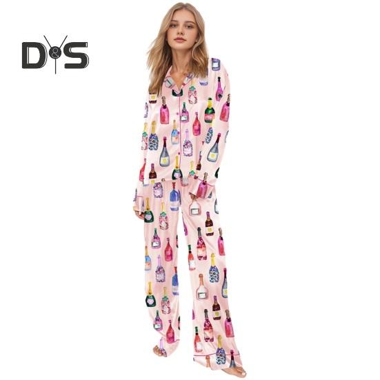 Dámské pyžamo s dlouhým rukávem a knoflíky na láhev šampaňského, košile a kalhoty na spaní, ležérní sada s potiskem sklenic na víno, 2dílná sada domácího oblečení