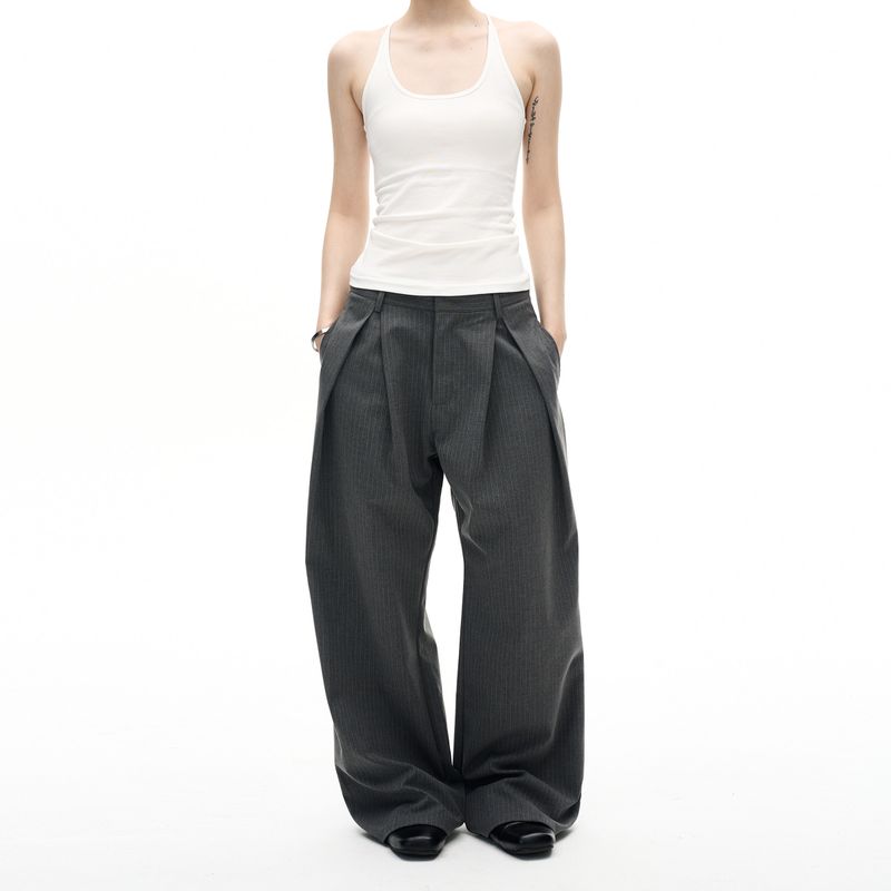 

Madwitch American-Style Fine Striped Double-Pleated Drape Casual Trousers Unisex Retro Loose Floor-Length Pants Trendy Gray XL