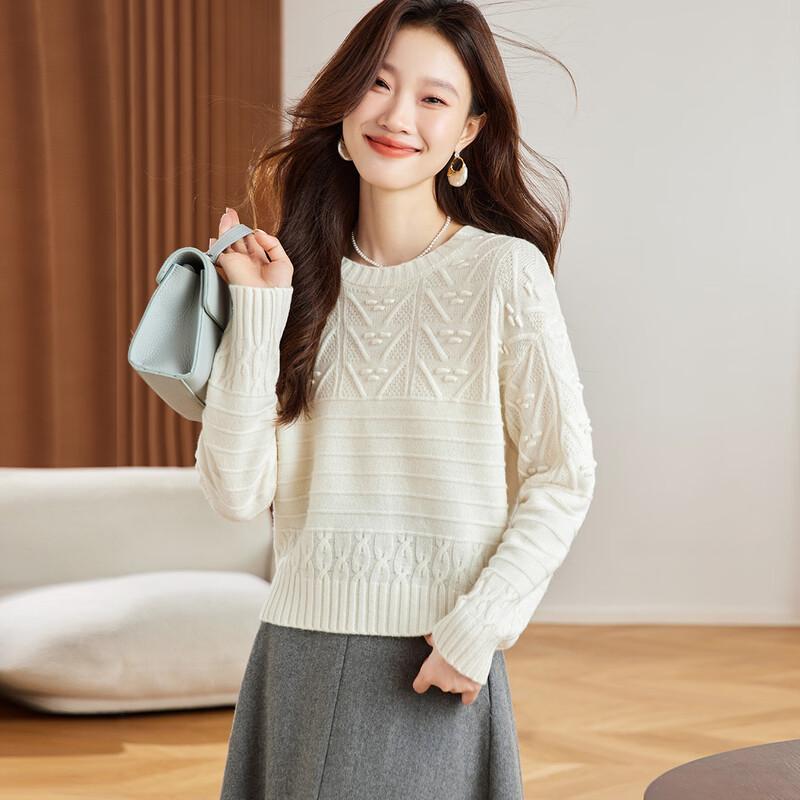 Srcr Women's Thick 100% Wool Cable Knit Short Pullover Sweater