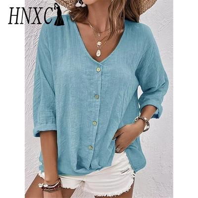 HNXC אופנה לנשים מזדמנים קיץ בצבע אחיד הדפסת שרוולים קצרים חולצות וחולצות עם צווארון V