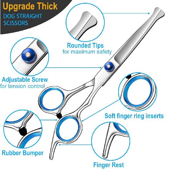 5 in 1 Upgraded Thicken Dog Grooming Scissors, Professional Dog Scissors for Grooming with Safety Round Tips, Lengnoyp Stainless Steel Thinning