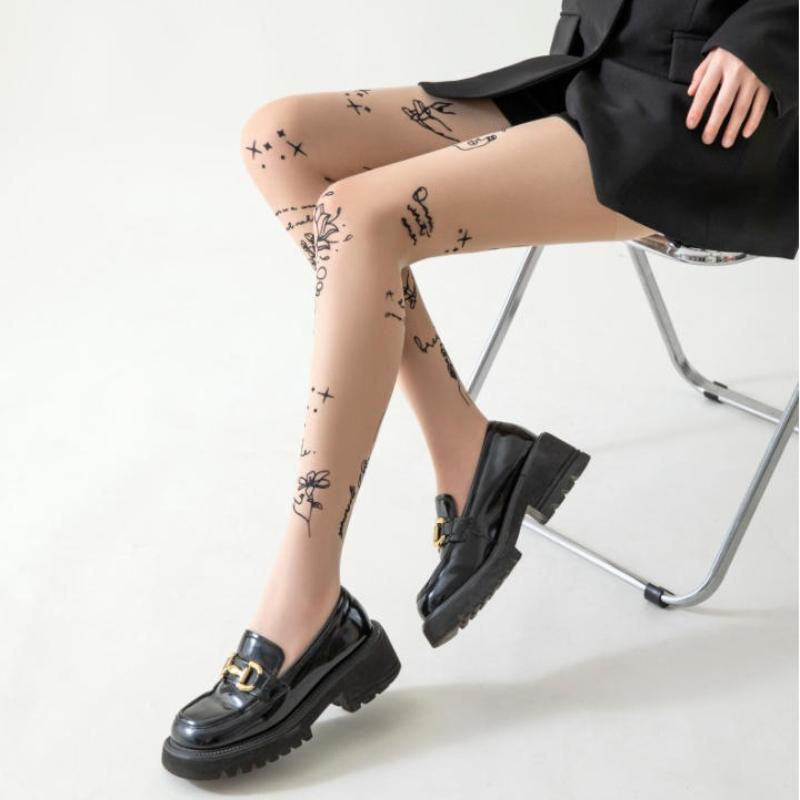 1Pcs Sheer Breathable Silk Stockings Sexy Flower Letter Tattoos Pantyhose High-Waisted Elastic Long Socks Daily Wear Women Tight
