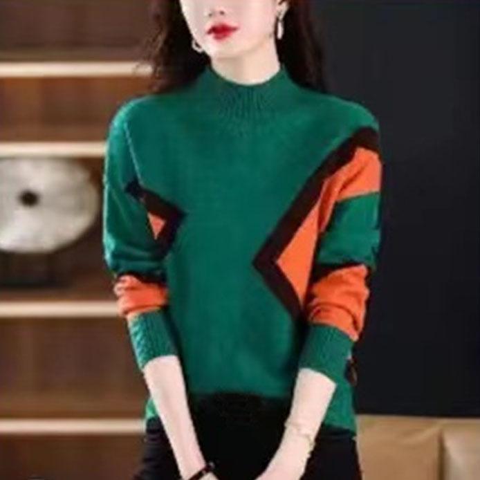Thickened Women's Autumn Winter Edition Color Block Knitted Half High Neck Sweater