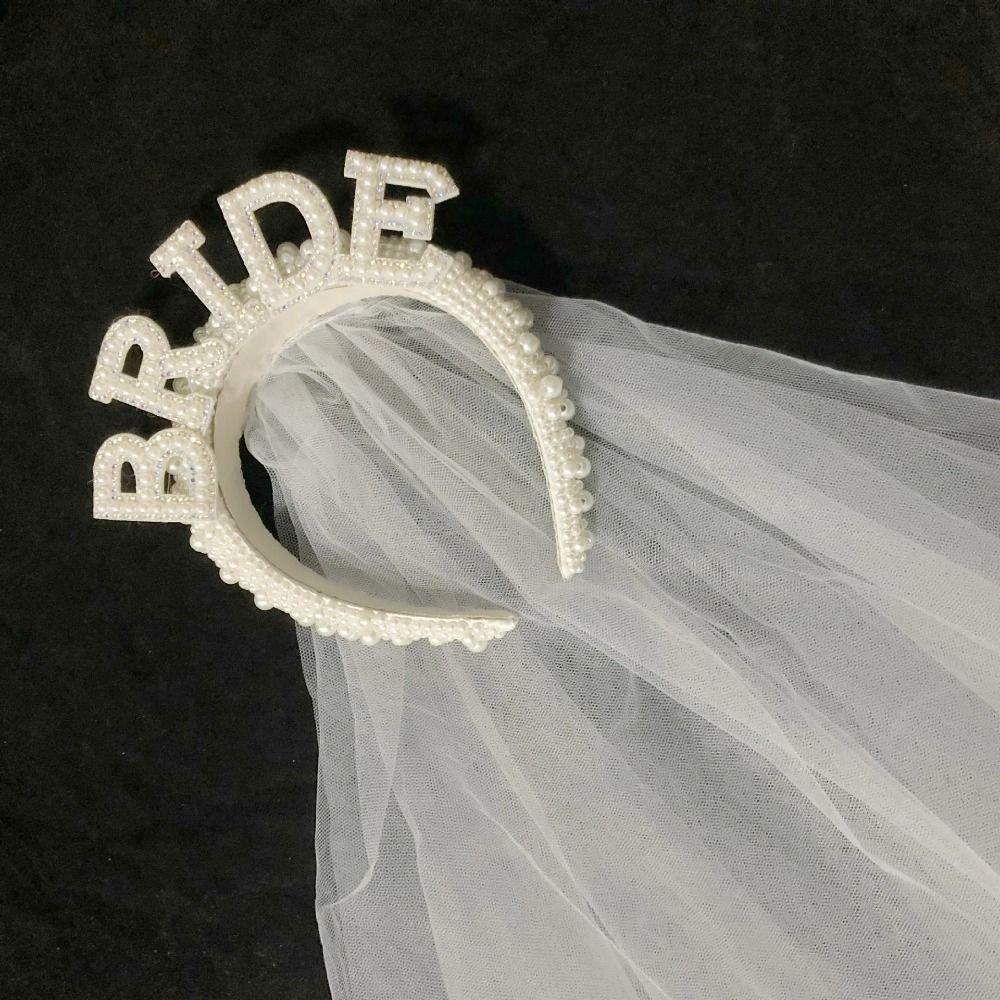 With Veil Pearl Crown Headband White Bridal Hair Accessories  Engagement Dinner Hair Accessories
