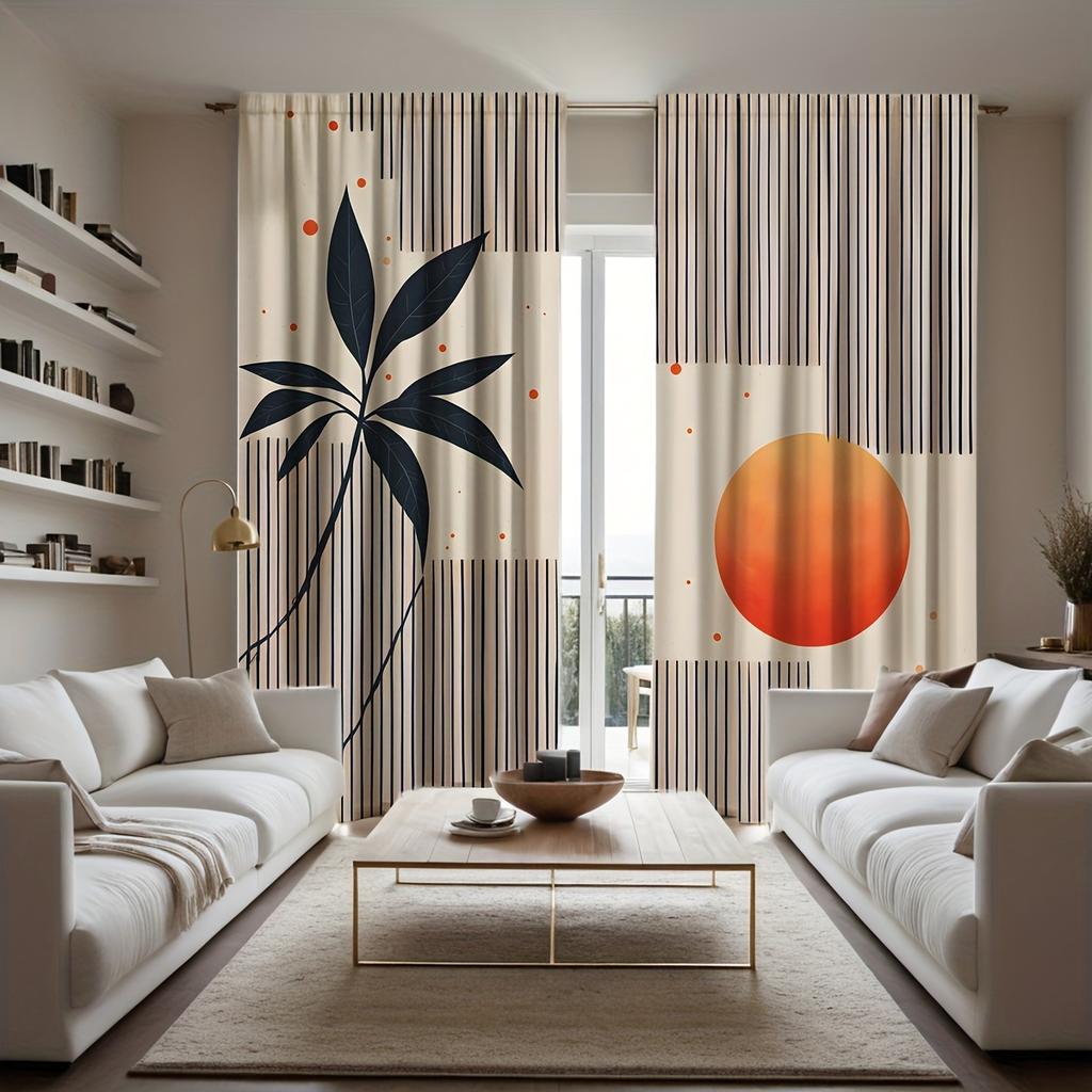 2Pc Nordic Style Striped Sunset Leaf Curtains, Polyester Fabric, Machine Washable, Suitable For Bedroom Living Room Decoration