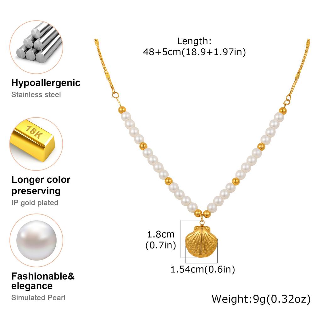 Stainless Steel Shell Sun Pendant Necklace for Women, Pearl Beaded Chain,18K Gold Plated Waterproof Tarnish-free Jewellery