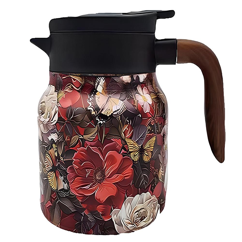 Kitchen Tea Kettle 800ml Retro Floral Tea Kettle Stainless Steel with Infuser Tea Separation Thermal Insulation Pot Wood Handle