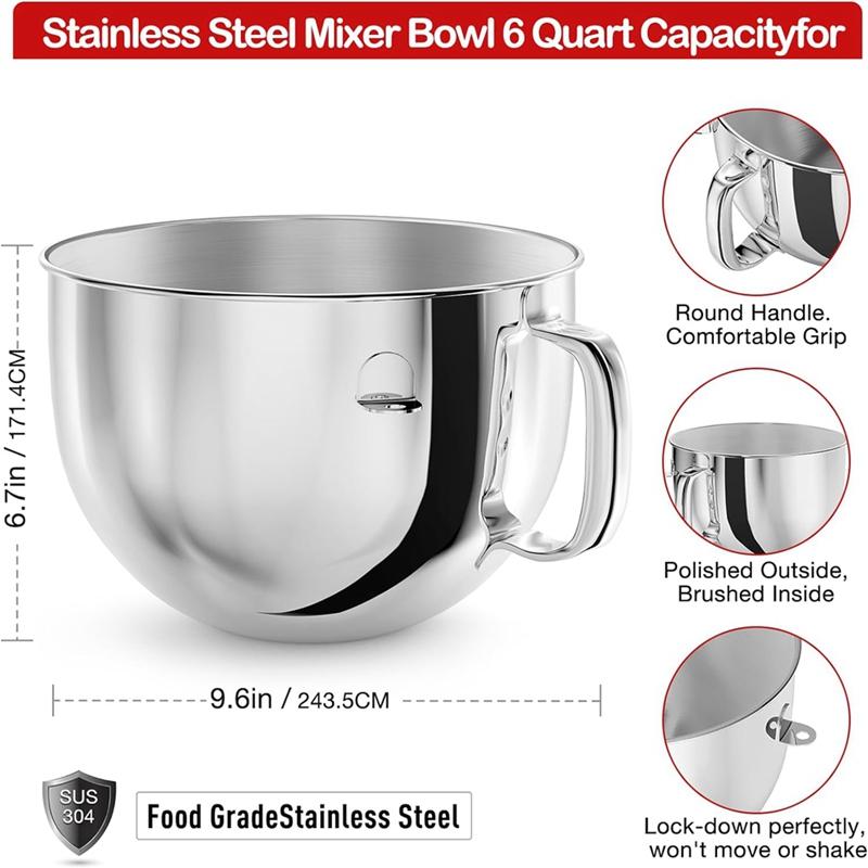 Stainless Steel Professional Dough Hook & Mixing Bowl For 5And 6 Quart Mixer For Kitchenaid 5 Plus And 600 Series Mixer