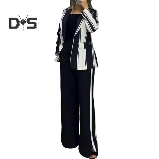 

2 шт./комплект женский деловой пиджак брюки комплект с длинными рукавами цветной полосатый кардиган с лацканами средней длины пиджак расклешенные брюки с высокой талией формальные M черный белый