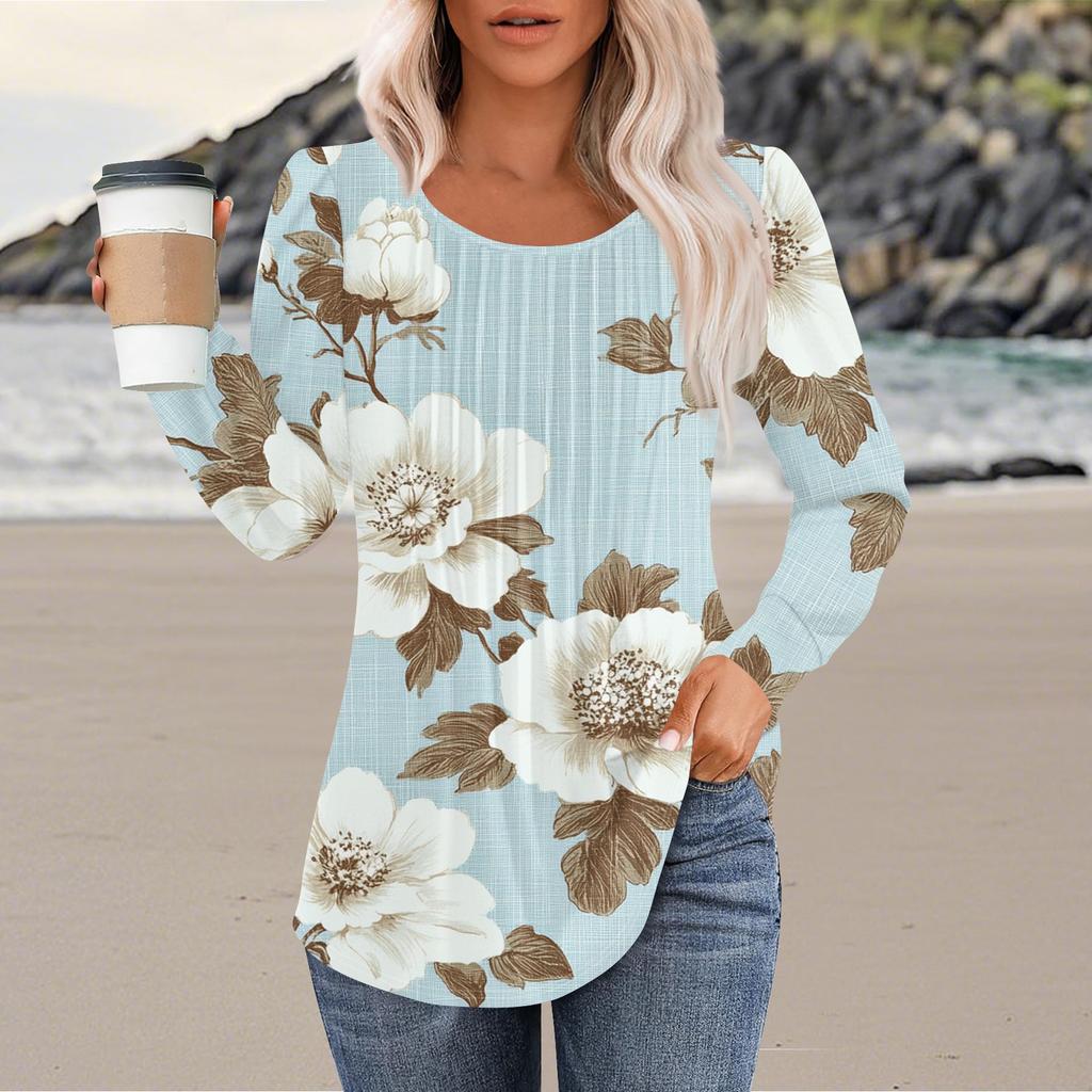 Damenmode Lässig Plissiert Rundhals Vintage Blumendruck Langarm T-Shirt Top
