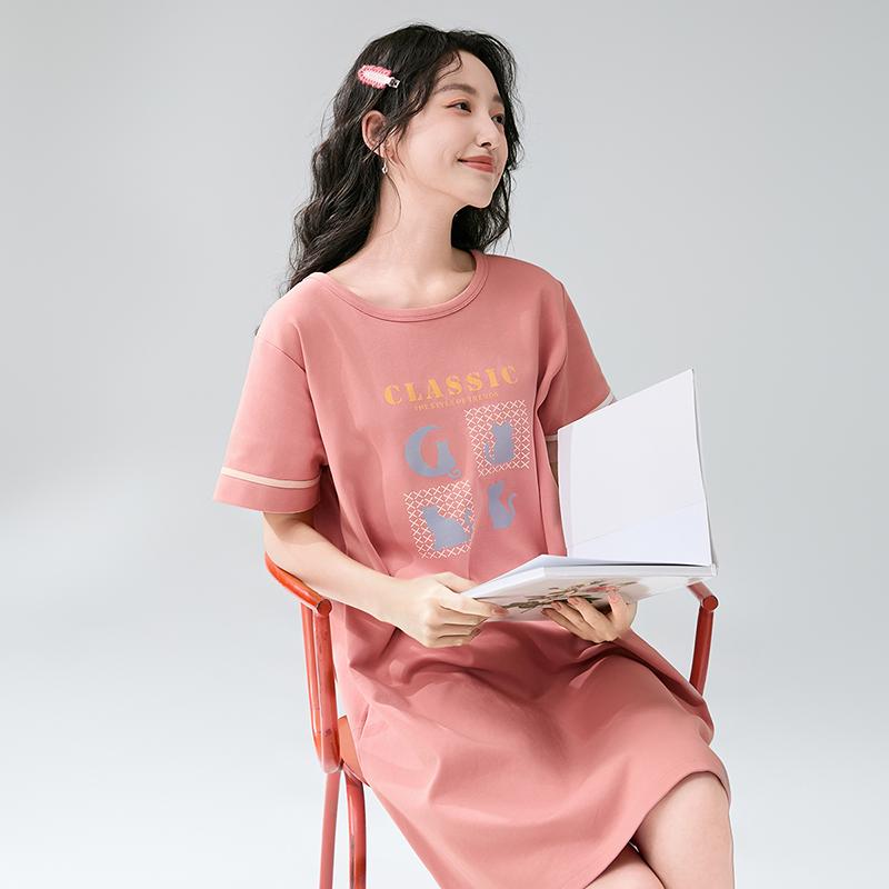 Fenteng [32 count pure cotton] summer new round neck short sleeved loose breathable women's nightgown thin version