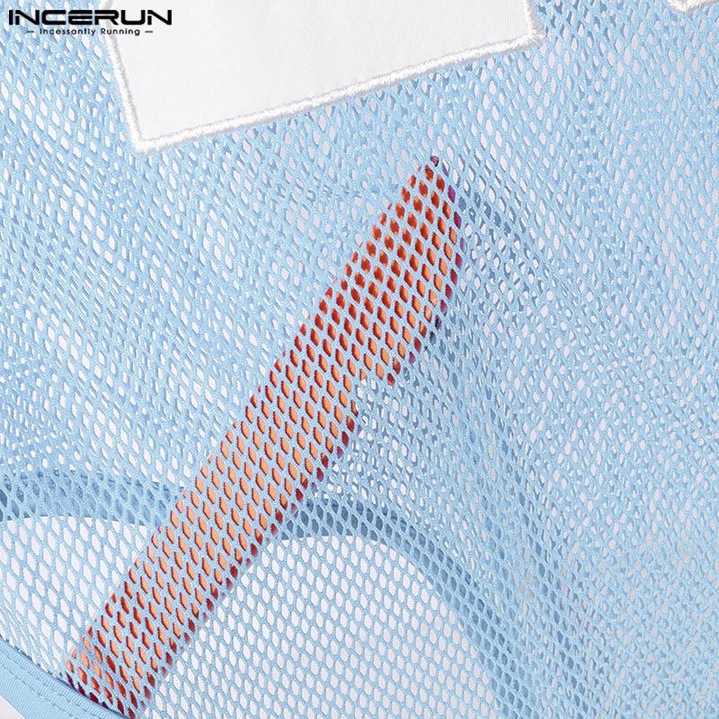 INCERUN Men Sleeveless Letter Print Mesh Bodysuits See Through Fitted Briefs Jumpsuits