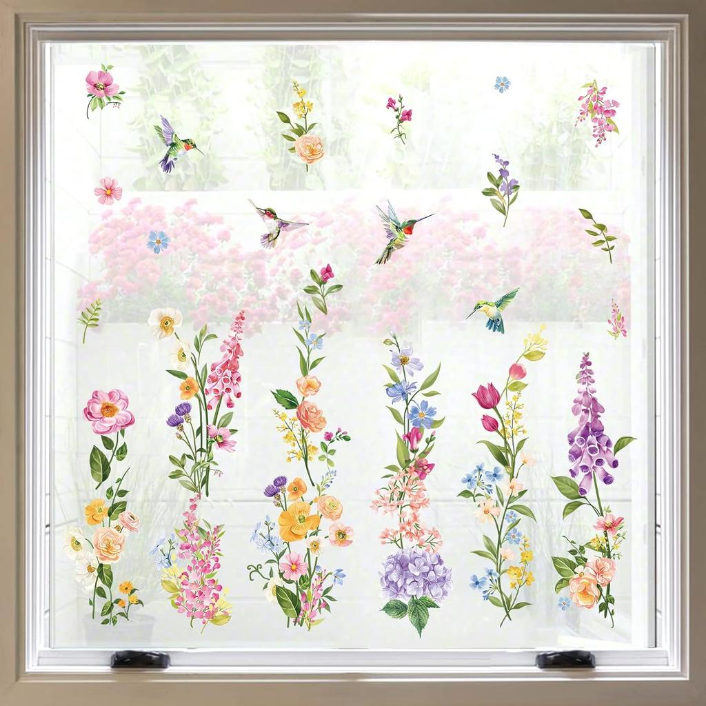 Wondever Summer Flower Window Clings Iris Floral Bird Glass Sticker Decal Anti Collision Double-Side Static Window Decals for Home Glass