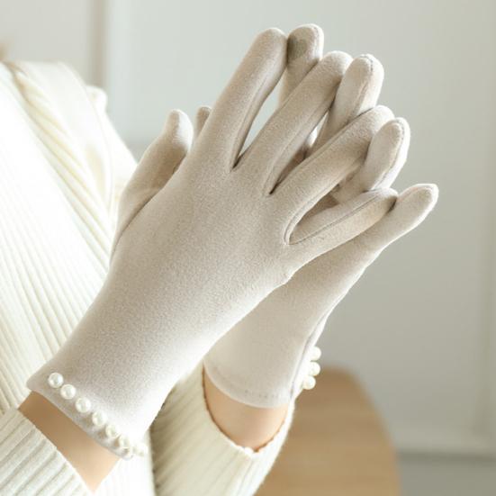 Women Winter Touchscreen Gloves Plush Lined Gloves with Faux Pearls Warm Windproof