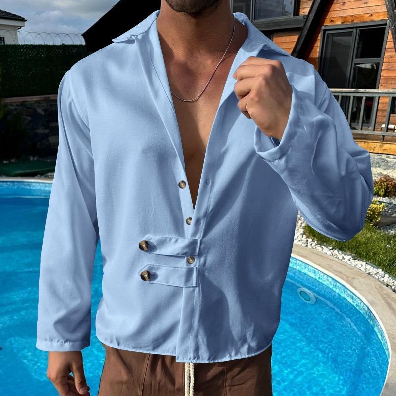 Mens Solid Color Casual Lapel Long Sleeve Shirt