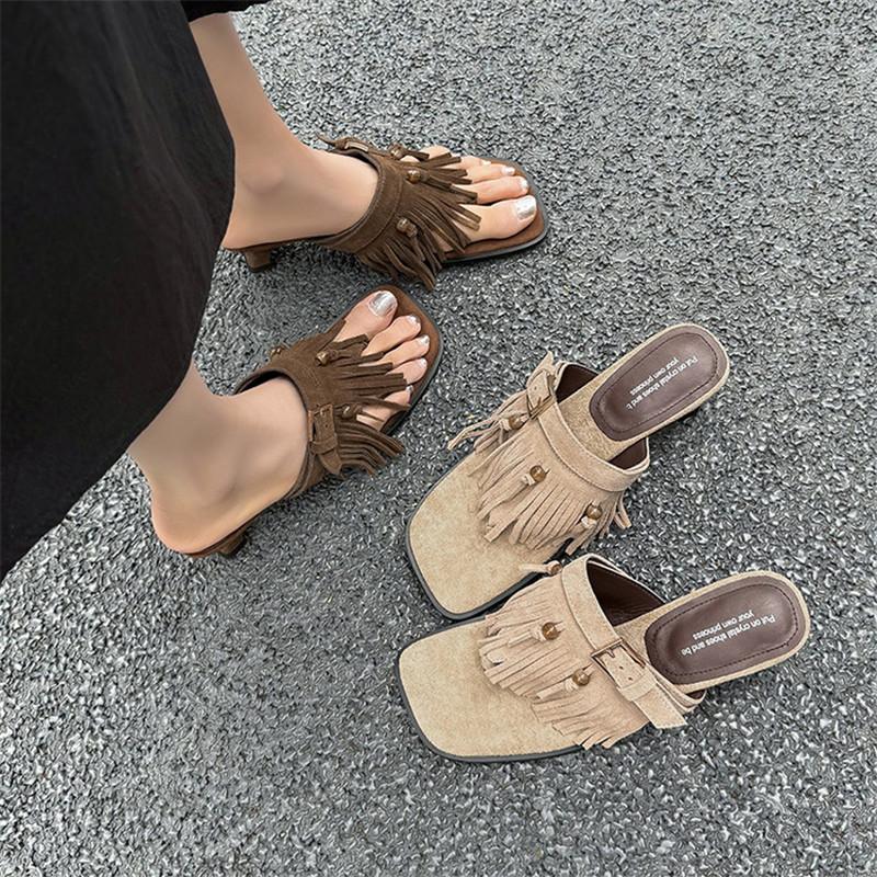 Fashion New Cow Suede Summer Slippers Square Toe Shoes for Women Fashion Tassels Slippers Handmade Mid Heel Pinch Toe Shoes Brown