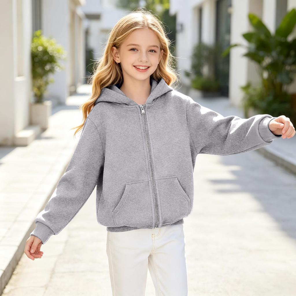 Big Girls' Fashion Color Long Sleeve Hooded Pullover Sweatshirt with Zipper
