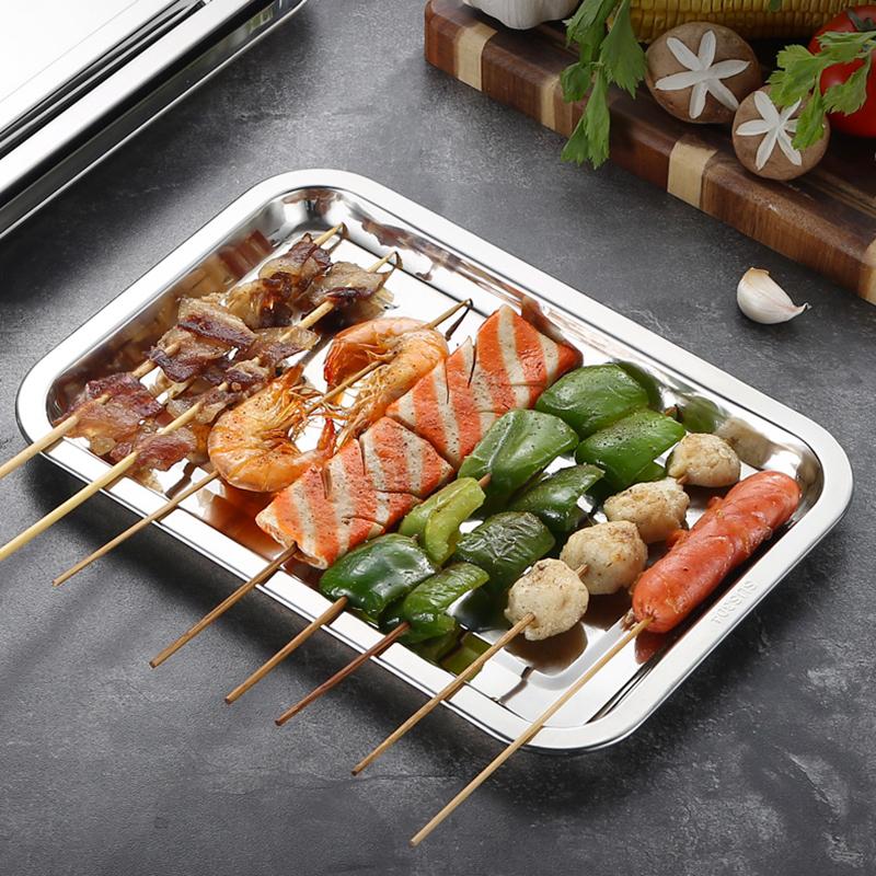 Edelstahl Küche Lagerung Tabletts Lebensmittel Flache Rechteckige Grill Obst Platte Gebäck Metall Gedämpfte Gericht Home Organizer