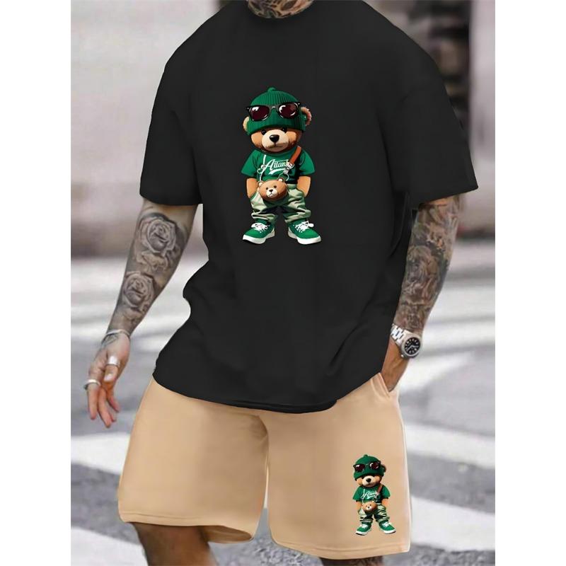 

2025 Новый мужской комплект с принтом 3D-медведя из мультфильма, летняя повседневная мужская футболка с короткими рукавами, модные уличные пляжные шорты L