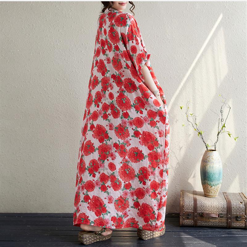 Krótki rękaw Plus rozmiar bawełniana, vintage, w kwiaty, nowość w sukienkach dla kobiet, luźna, długa, letnia sukienka Maxi