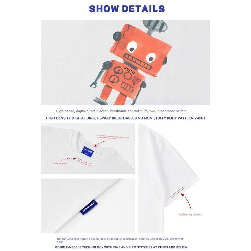 Wassup Robot Retro Simple Short-Sleeved T-Shirt for Men and Women Loose Casual Summer Heavy Cotton Round Neck Top