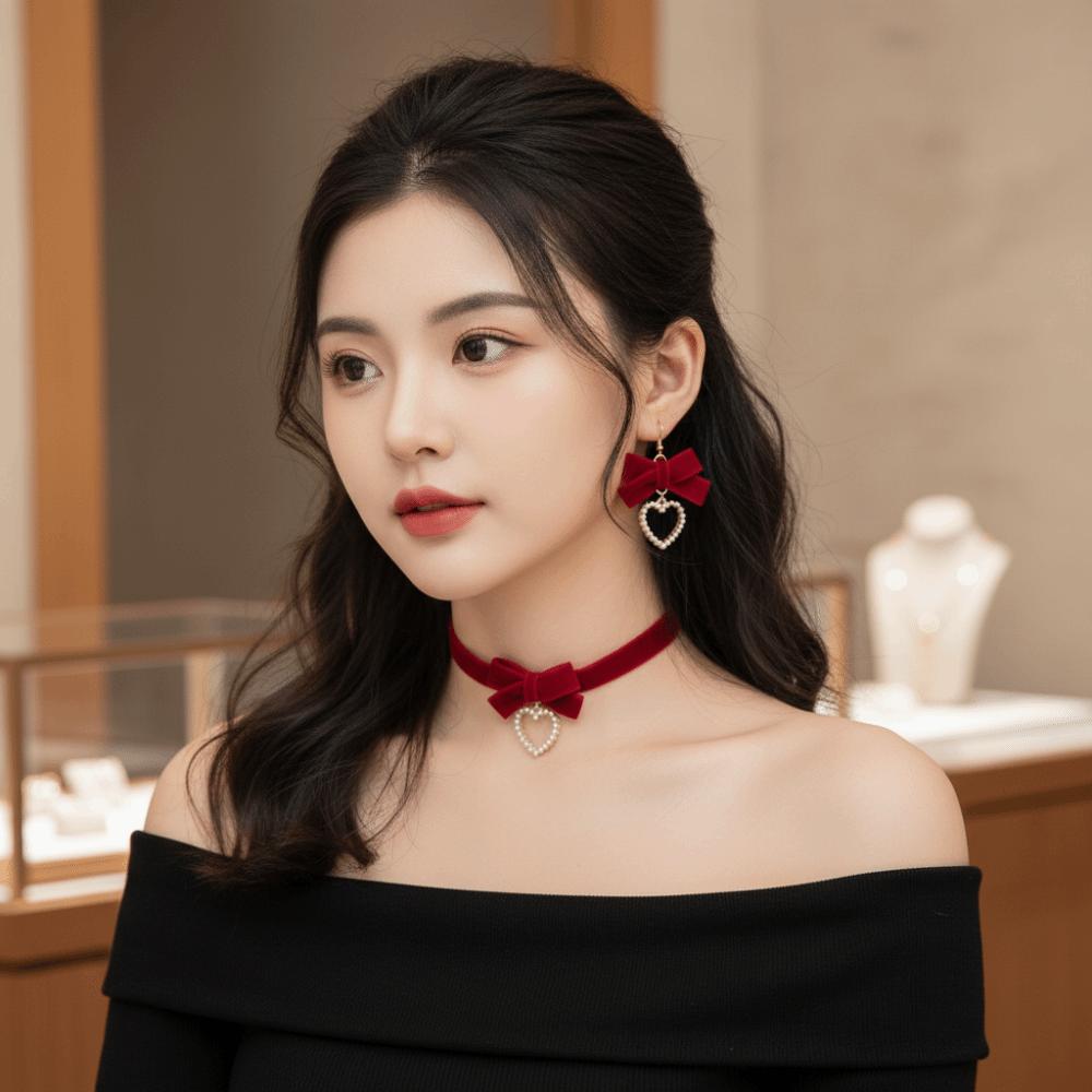 Rhinestone Bow Choker Zinc Zinc Alloy Velvet Collar Necklaces Exquisite Bowknot Earrings  New Year
