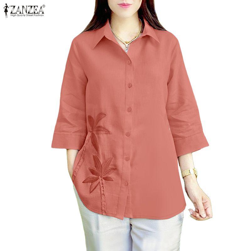 ZANZEA Bluză lejeră casual pentru femei cu guler turn-down și mâneci 3/4 cu imprimeu