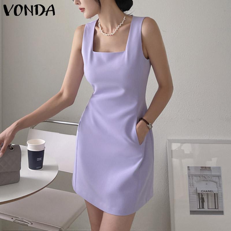 VONDA Letnia damska sukienka Mini bez rękawów z kwadratowym kołnierzem