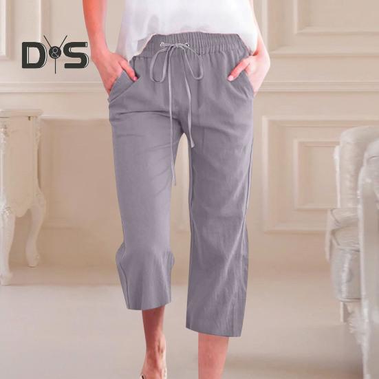 Frauen Sommer Hosen Jogginghose Einfarbig Gerade Weiche Elastische Taille Kordelzug Hosen Mittlere waden Länge Geerntete Hosen