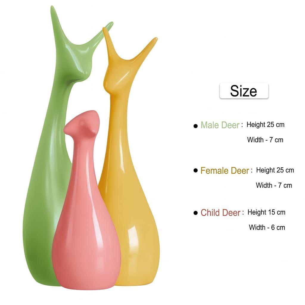 Home Décor Lucky Deer Family Set | Piano Finish Ceramic Figures - (Set of 3 Yellow, Pink, Parrot Color)
