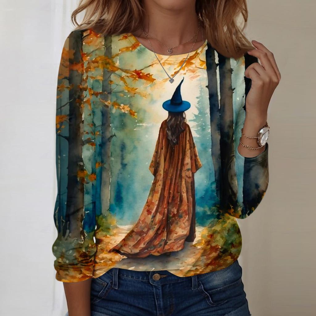 Women's Halloween Print Long Sleeve Neck Loose Fit Tunic Top for Fall Casual Outfits