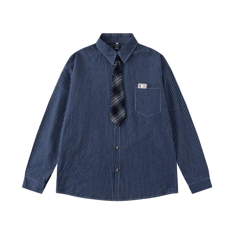 American Vintage Striped Long Sleeve Shirt Unisex Loose Casual Button Up With Pocket