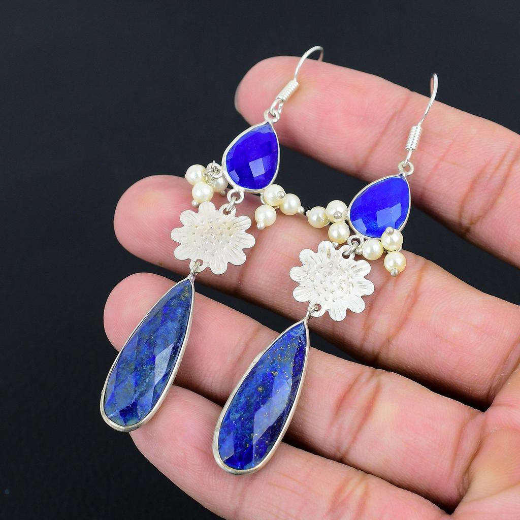 Daughters Day Sale Sterling Silver Pear Lapis Lazuli Stone Drop Dangle Earrings