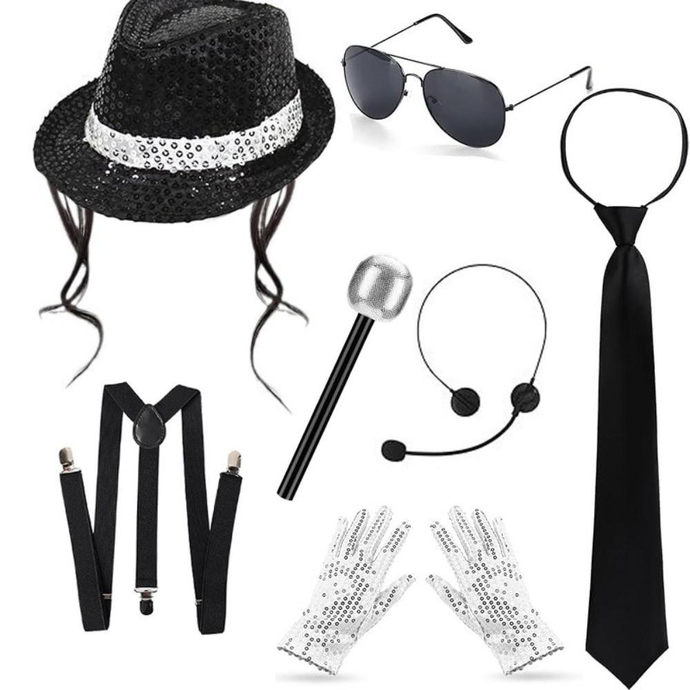 Rhinestone Gloves Costume Accessories Set Sequin Fedora Hat Halloween Costume 80s Theme Party