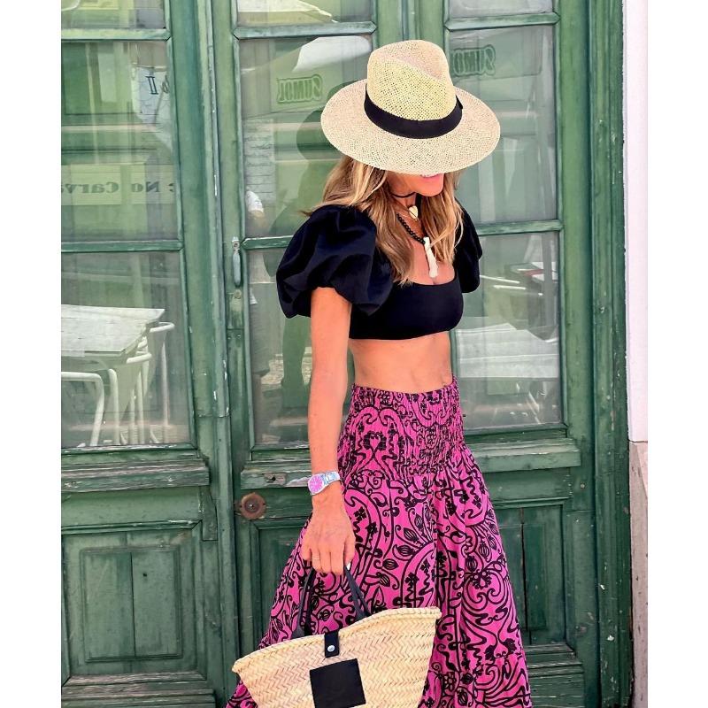 Fashion Loose Floral Printed Casual Skirts 2026 Spring Summer Women Elegant Pleated Swinging Beach Vacation A-line Long Skirts Ladies Holiday Clothing