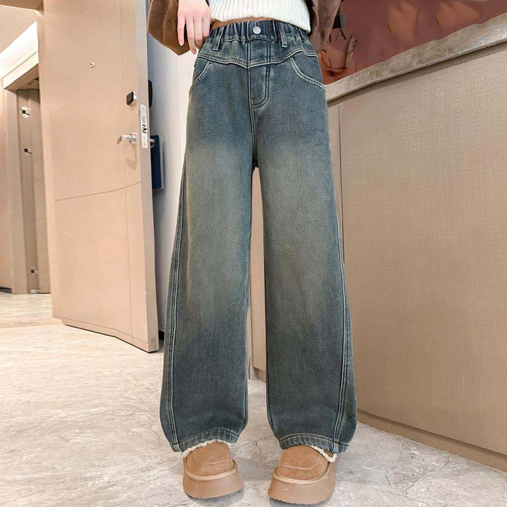 Girls' 2025 Korean Style Fleece-Lined Loose Wide-Leg Winter Jeans for Middle and Big Children