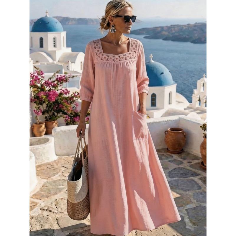 Casual Square Neck Three Quarter Sleeve Solid Color Womens Loose Long Maxi Dress