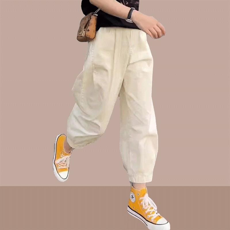 Womens High-Waisted Loose Fit Cargo Pants 9/10 Length Cotton Blend Casual Trousers Office Daily Wear