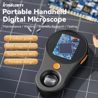 Microscópio digital de alta definição 500X, lente supermacro portátil, bateria de polímero de lítio recarregável, alimentação por USB/bateria dupla,