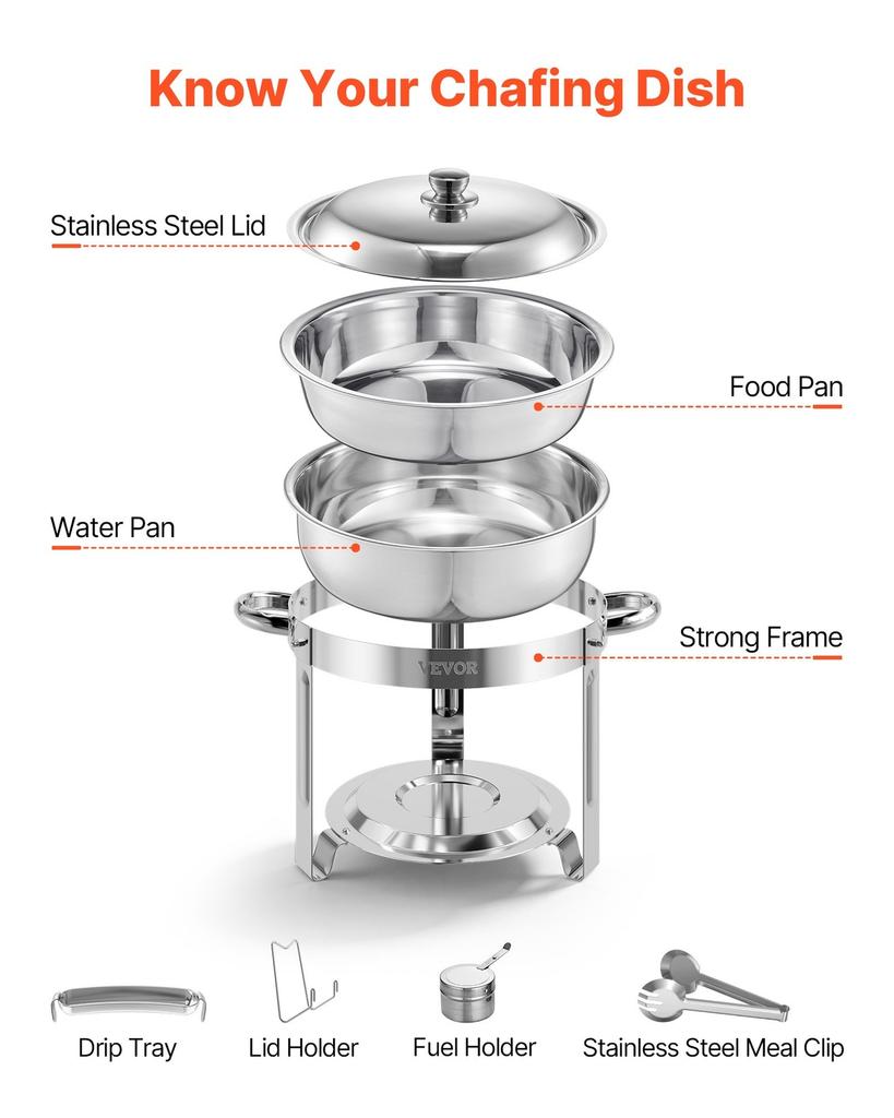5 Qt 4 Pack Round Chafing Dish Buffet Set Full-Size Pan Stainless Steel