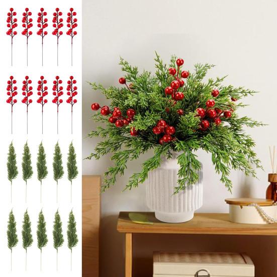50 Pcs Christmas Artificial Picks Fake Greenery Pine Branches Faux Red Berry Stems for DIY Christmas Garland Wreath Flower Arrangement Decoration