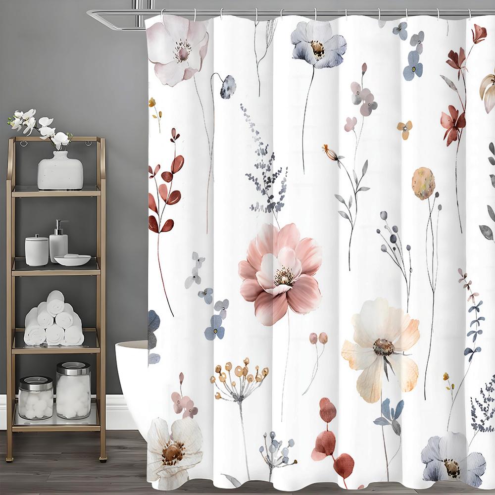 Watercolor Flower Shower Curtain, Bathroom Decorative Shower Curtain, Waterproof Shower Curtain with Hooks
